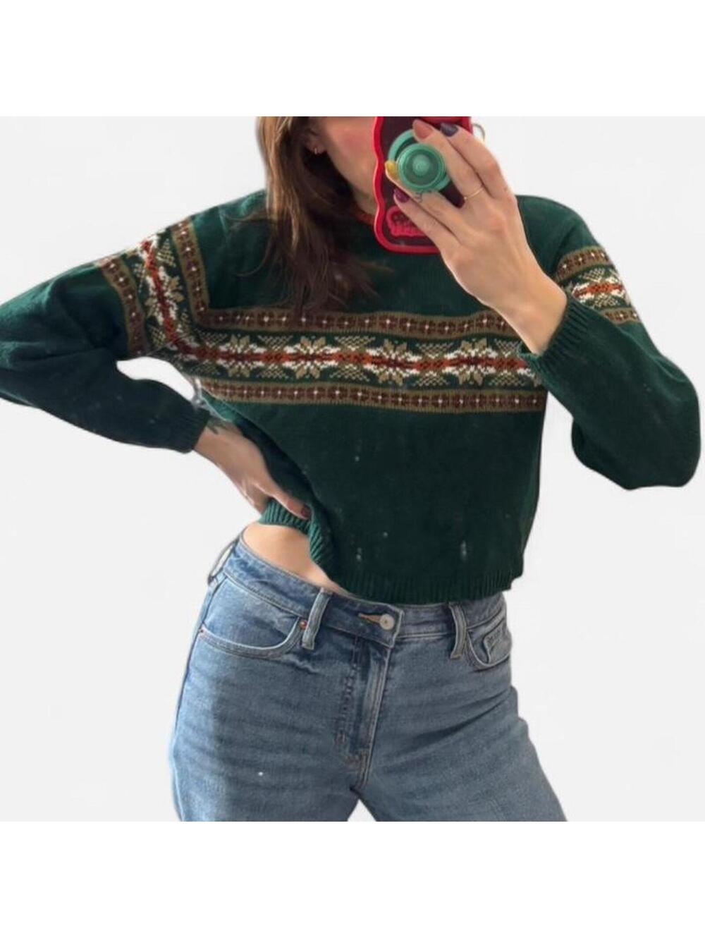Vintage Green Cropped Knit Pullover Sweater